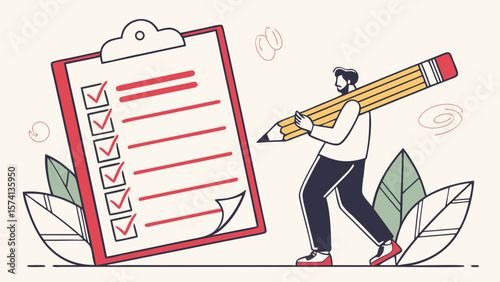 A male character, carrying an oversized pencil, walks confidently with a checklist in a modern, minimalistic style.