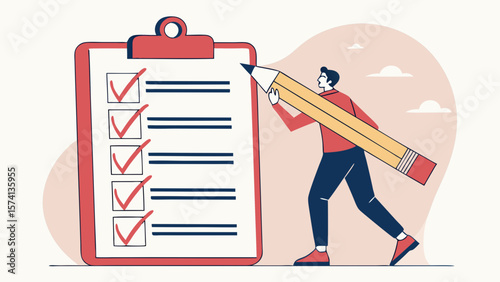 A young male with dark hair marking a checklist with a large pencil, symbolizing productivity and organization.
