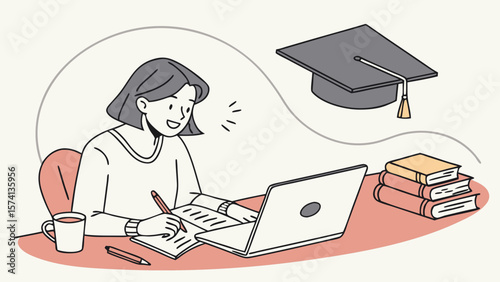 Cheerful young woman diligently studying online with a laptop, coffee, and textbooks, symbolizing academic achievement and motivation.