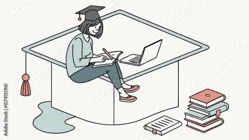 A focused young woman with dark hair wearing a graduation cap, studying at a desk with a laptop and books.
