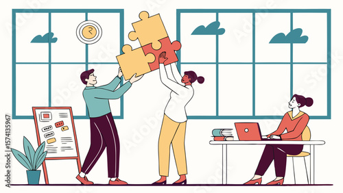Two diverse office workers, a man and a woman, collaboratively assembling puzzle pieces, while another woman works at her desk.