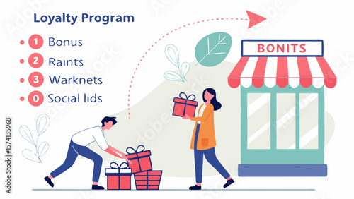 A diverse woman and man engage in a loyalty program, handling gifts in a charming storefront setting.