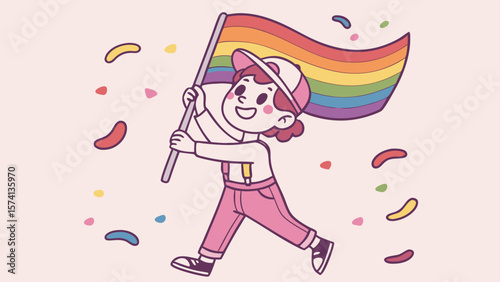 A joyful child of diverse descent runs happily holding a rainbow flag, surrounded by colorful confetti.