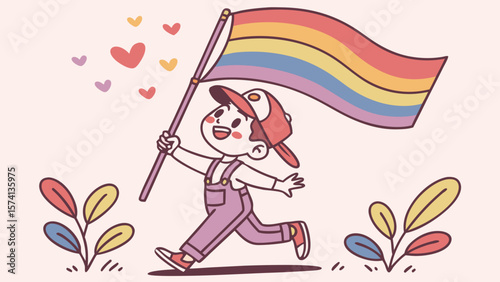 A joyful child with brown hair in a cap holds a rainbow flag while running, surrounded by colorful hearts and plants.