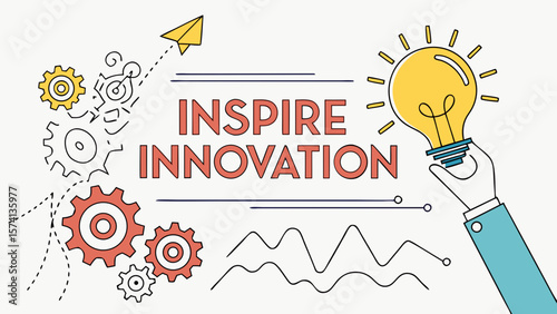 A hand holding a glowing light bulb symbolizes ideas, innovation, and creativity with gears and a paper airplane in the backdrop.
