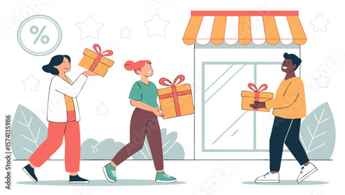 Three diverse young adults joyfully carrying gift boxes in front of a boutique, celebrating a special occasion.