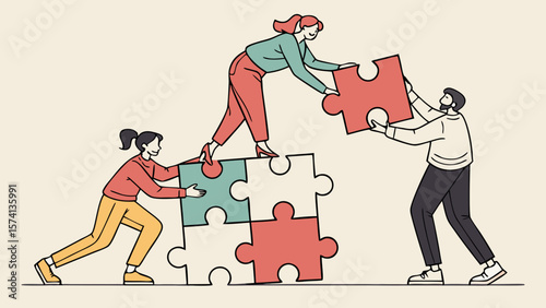 Three diverse individuals joyfully collaborating to stack large puzzle pieces, showcasing teamwork and problem-solving.