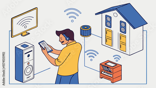 A young man engages with smart home technology, connecting devices via smartphone in a modern setup.