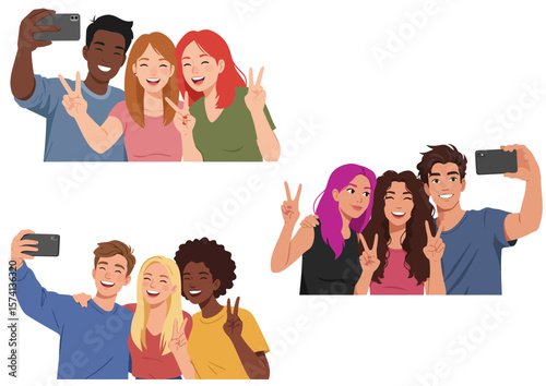 Three groups of friends taking selfies. Happy Friendship Day