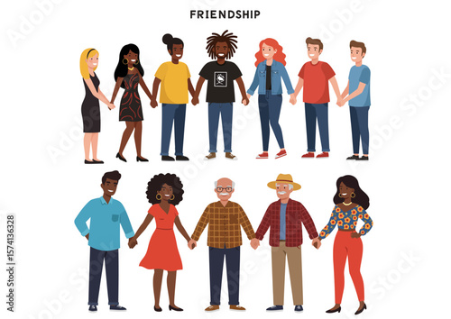 People of diverse ethnicities and ages holding hands in two horizontal rows. Happy Friendship Day