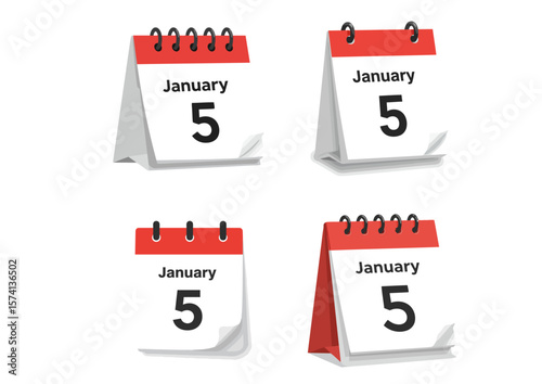 Four red and white fliptop calendars showing January 5