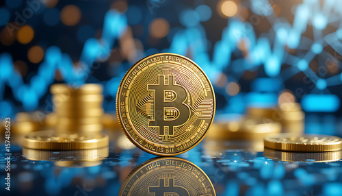 “Golden Bitcoin Coin with Financial Chart Background Representing Cryptocurrency and Market Trends”