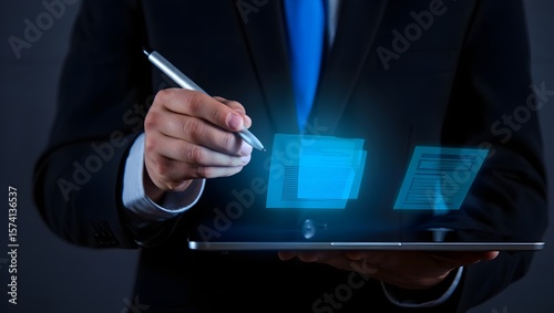 Businessman digitally signing documents on tablet; modern technology, corporate, serious mood.