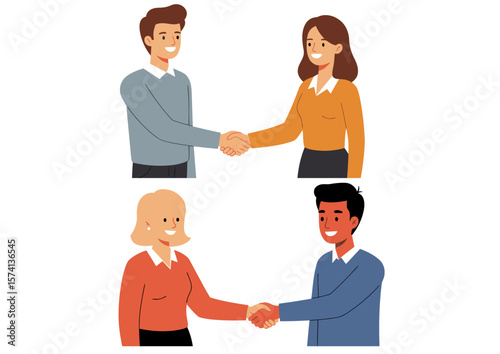 Two pairs of diverse people shaking hands against a white background