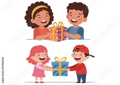 Two pairs of children exchanging gifts
