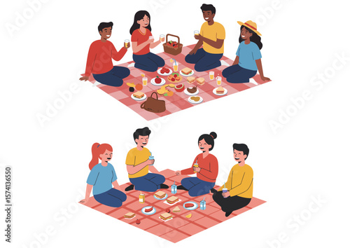 People enjoying picnics one group of five another of four