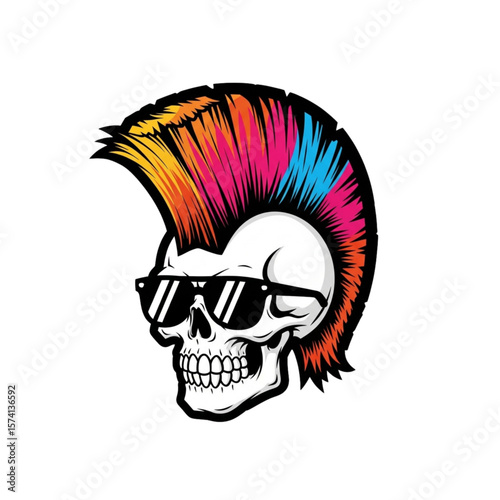Colorful mohawk punk skull wearing sunglasses, graphic design.