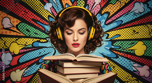 A centered illustration retro-style woman with headphones, reading books on a pile, pop-art inspired backdrop