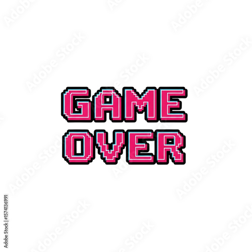 Pixelated "GAME OVER" text in pink with a black outline, reminiscent of retro video games.