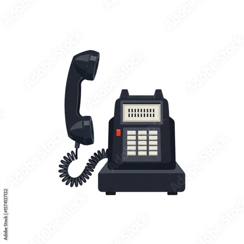 A black rotary dial telephone, with handset, cord, and base, is depicted.