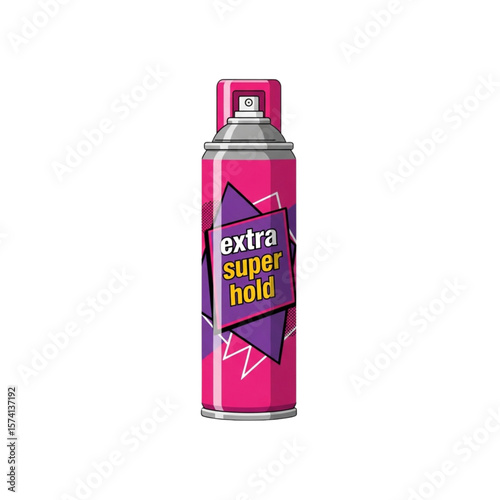 Pink hairspray can with "extra super hold" label,  featuring a geometric design.