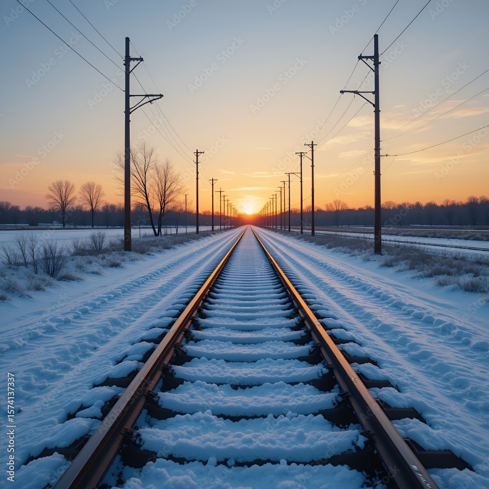 Fototapeta premium Snow Covered Railroad Tracks at Sunset