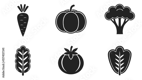 Collection of six simple black and white vegetable icons on a white background