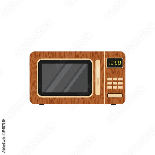 Retro-style microwave oven, featuring a wooden-grain design and digital display.