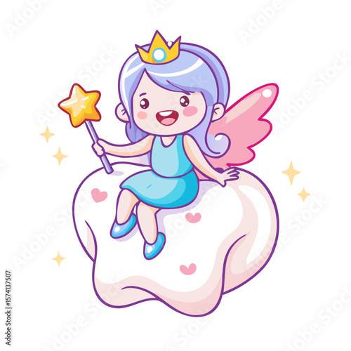 Cute tooth fairy girl cartoon character sitting on Tooth With Magic Wand 