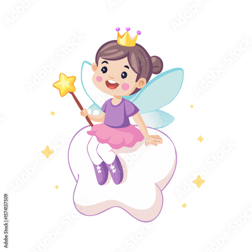 Cute tooth fairy girl cartoon character sitting on Tooth With Magic Wand 