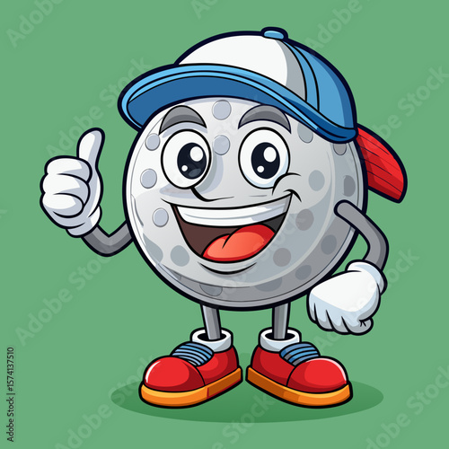 Funny golf ball cartoon character swinging 