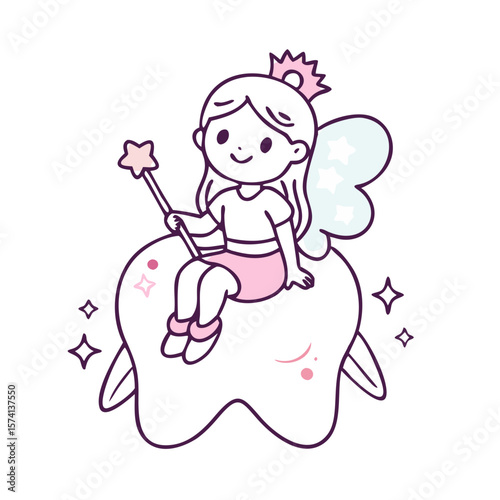 Cute tooth fairy girl cartoon character sitting on Tooth With Magic Wand 