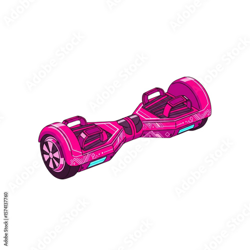 A vibrant pink hoverboard illustration showcasing its design and various components against a white background.