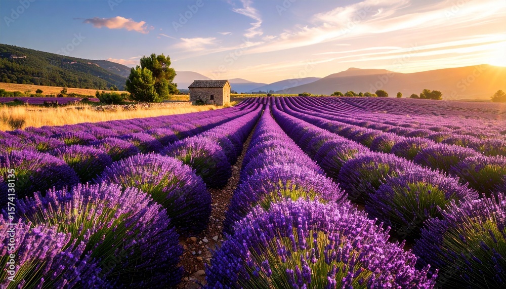 Naklejka premium Lavender fields under a golden sunset sky