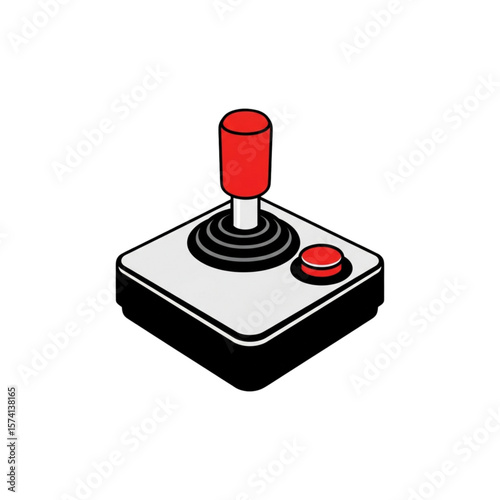 Retro video game joystick, simple graphic design, showing a classic controller.