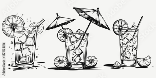 summer cocktail with ice sketch illustration vector