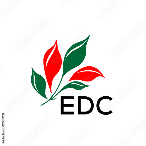 EDC Abstract Botanical Logo with Elegant Typography, EDC Later Logo, Modern Nature Inspired Logo with Red and Green Leaves.
