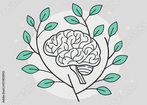 Brain Illustration Surrounded by Leaves and Branches on Gray Background
