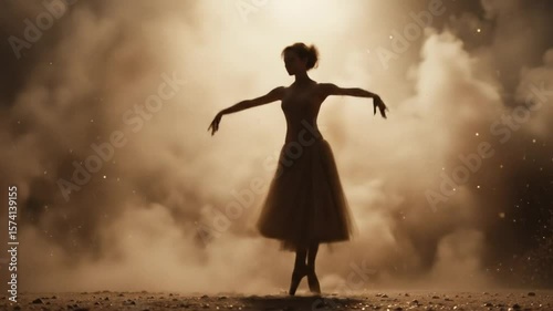 Elegant Ballet Dancer Performing in Dusty Environment with Beautiful Golden Lighting Effects