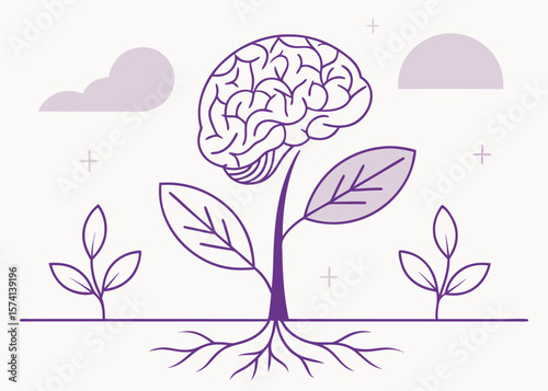 Brain Plant Illustration with Leaves and Roots growth