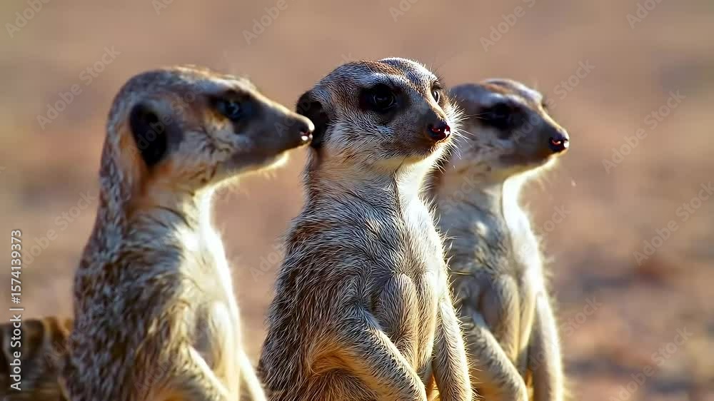 Meerkat group alert, savanna, sunset, wildlife Meerkat group alert, savanna, sunset, wildlife