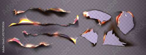 Burning paper flame frame set with glowing orange fire edges, charred holes and smoldering tears on transparent background for realistic burnt effect, destruction design or hot danger warning graphic