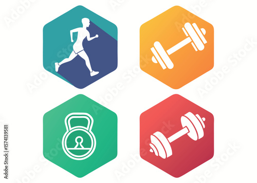 Fitness Icons Set: Running Man Dumbbell Kettlebell Graphic