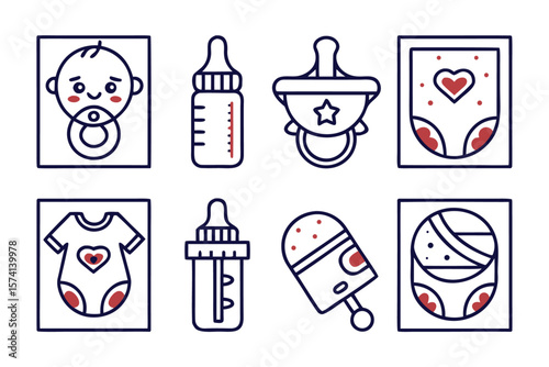Charming collection of symbols representing infant nurturing parental affection and early childhood development rendered in a vibrant palette of black yellow cyan and magenta for diverse applications