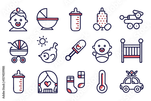 Charming collection of essential symbols depicting infant care nurturing moments and the tender journey of early childhood development perfect for various design projects