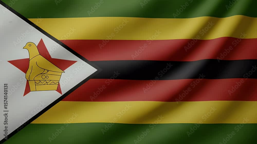 4K  footage of the Zimbabwean flag waving gently. Features green, yellow, red, black stripes, white triangle, red star, and Zimbabwe Bird, symbolizing national identity.