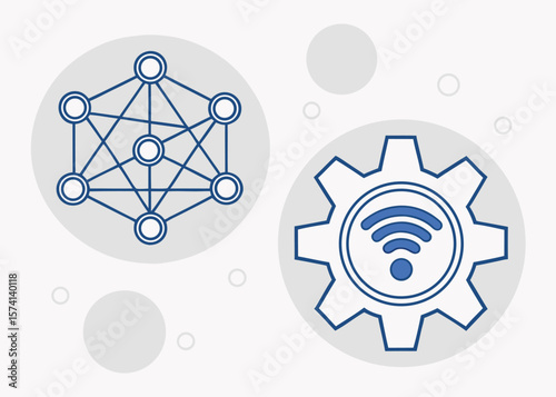 Geometric Network and Wi- Fi Gear Icons on White Background