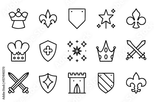 Collection of classic medieval emblems and crests featuring bold black outlines suitable for historical designs and royal insignia applications
