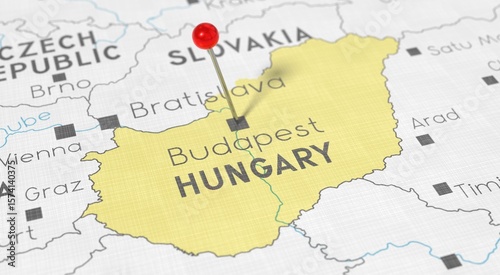 Canvas Print Hungary, Budapest - push pin on political map - 3D illustration