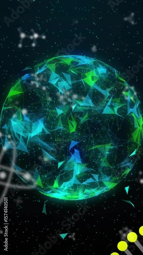 Animation of dna and data processing over globe on black background